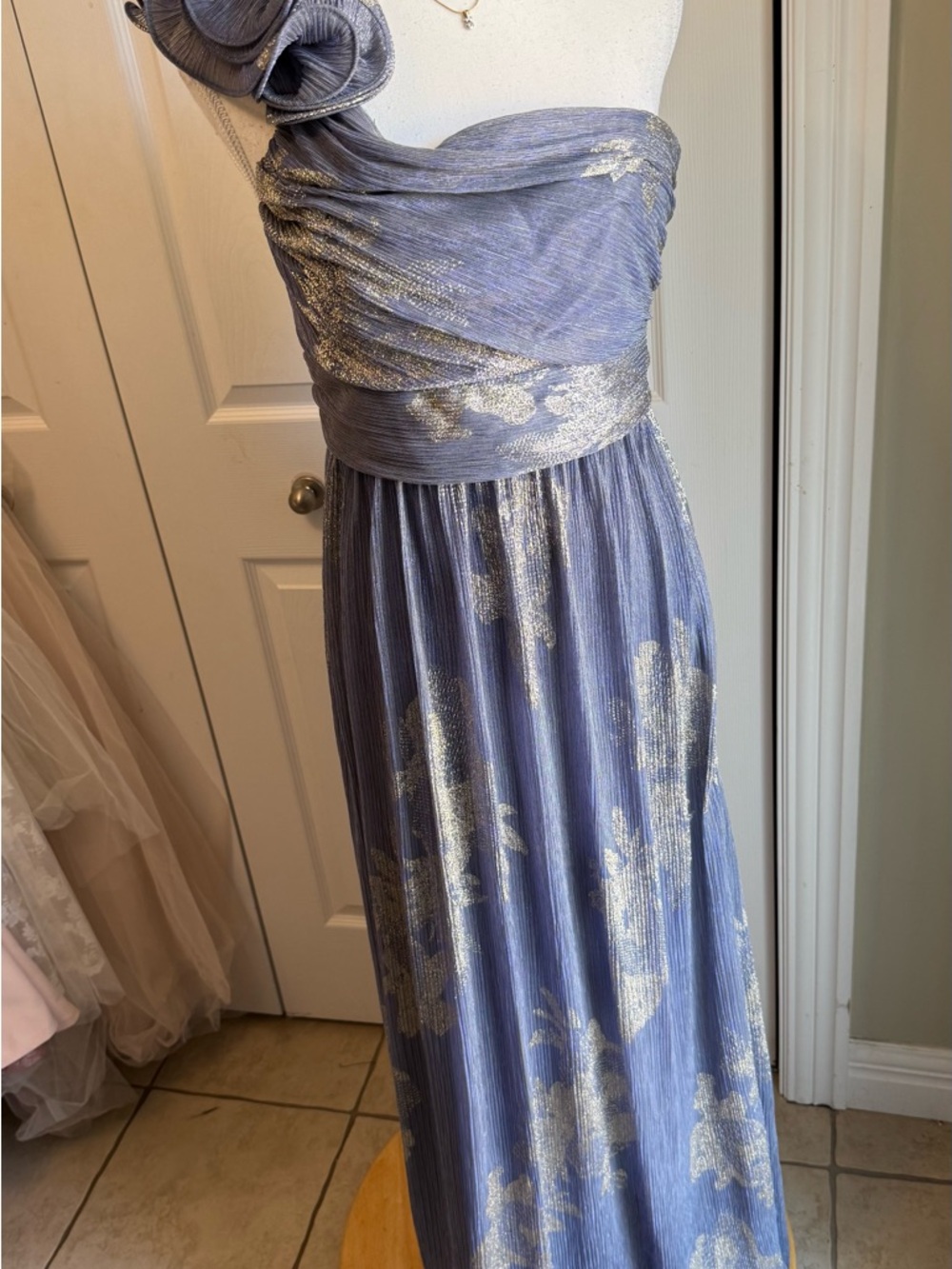 After Six French Blue  One-Shoulder Metallic Floral Gown